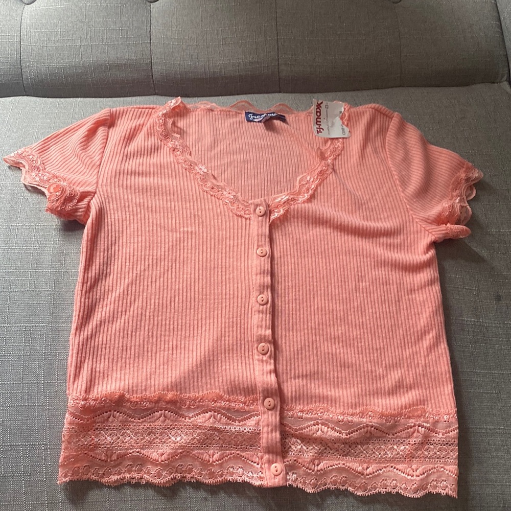 Coral pink lace trimmed crop top with buttons